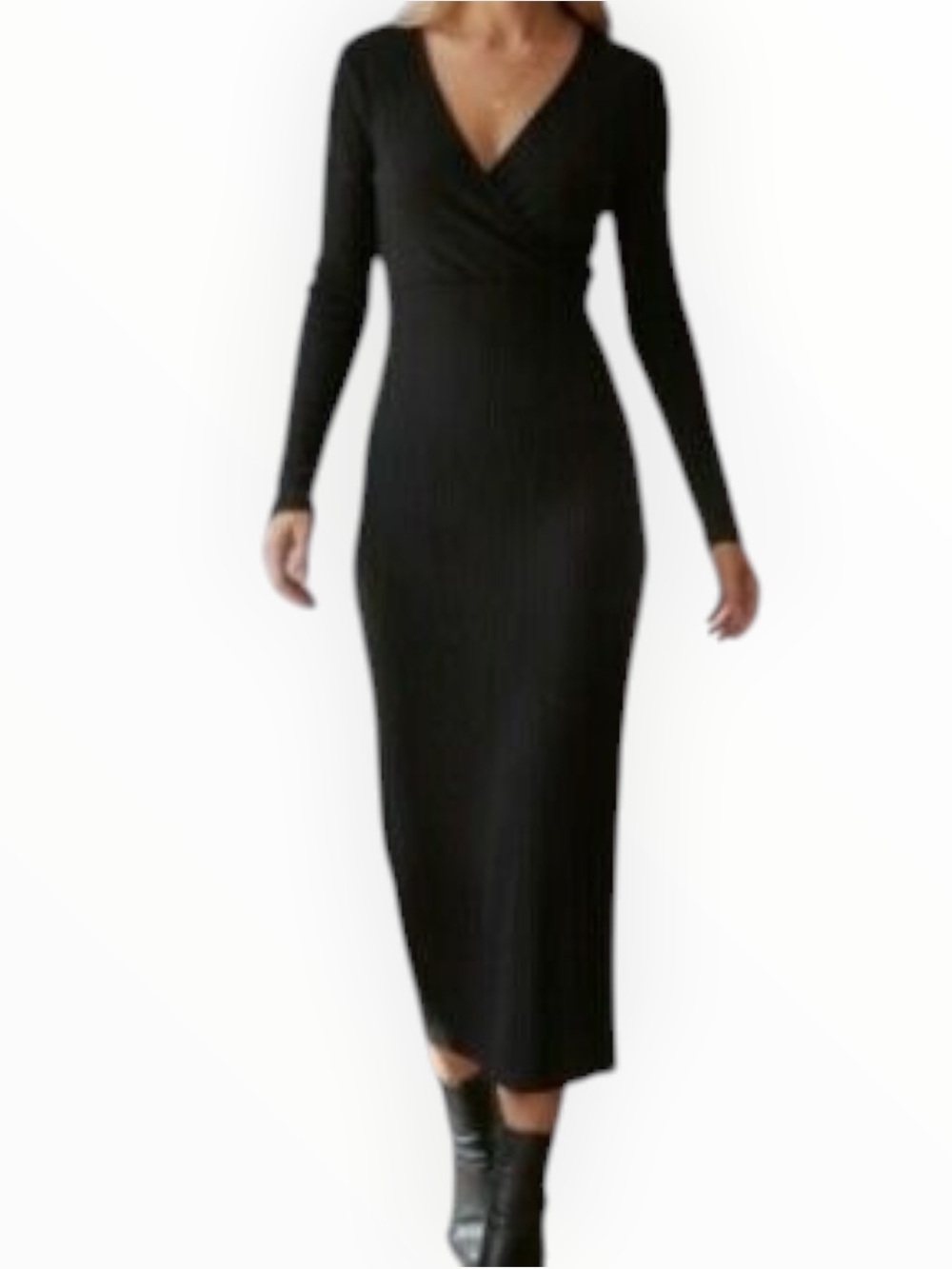 NSR Black Long Sleeve Faux Wrap V Neck Midi Dress Sparkle Ribbed M Party Holiday